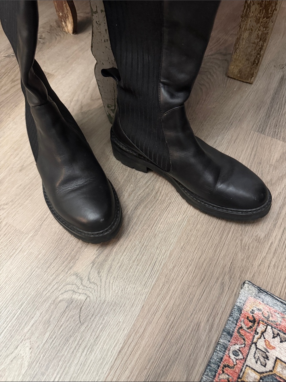 Fendi Black Ribbed Over-the-Knee Leather Boots with Logo Trim - Picture 7 of 14
